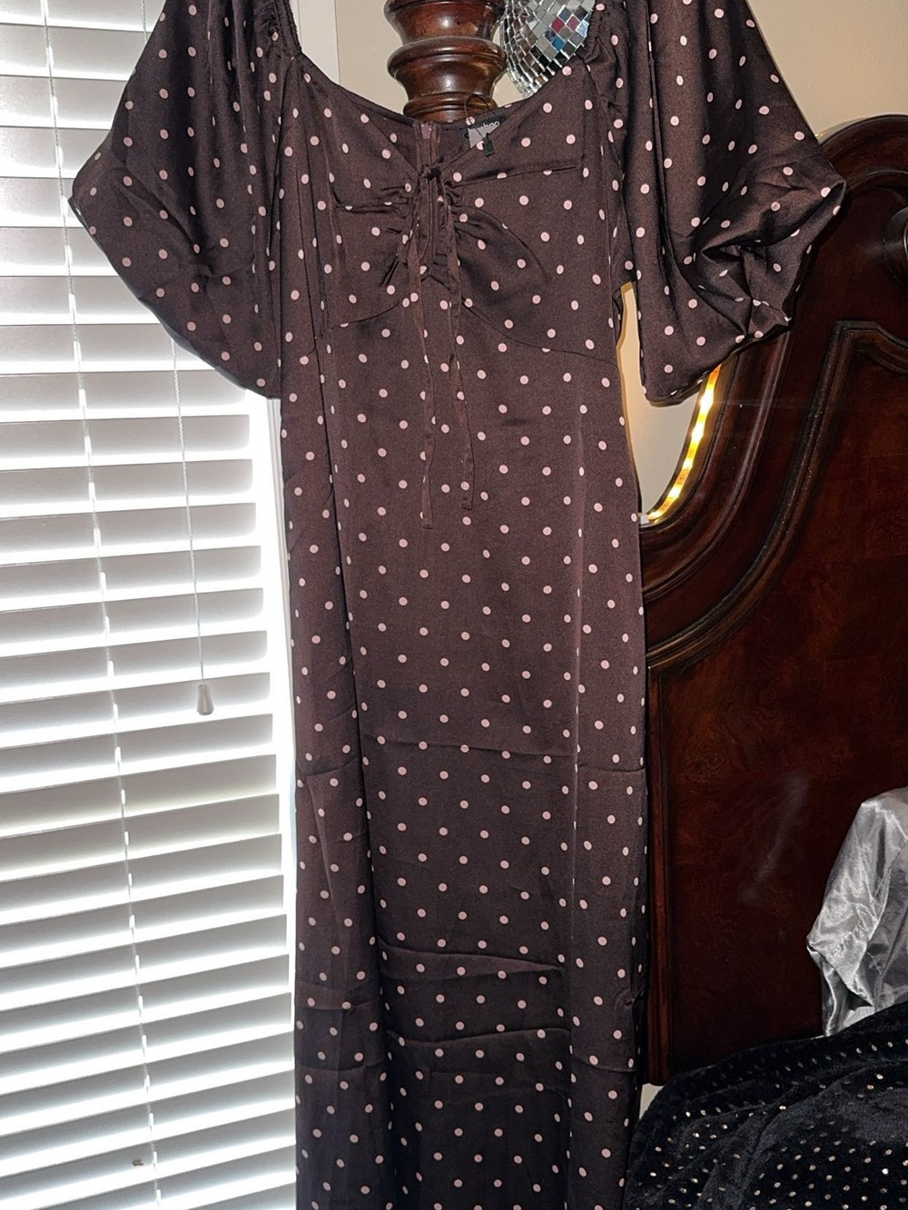 Boohoo Chocolate Brown Maxi Dress with Pink Polka Dots